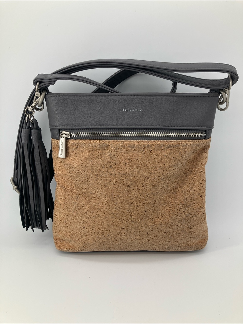 Pixi Mood Grey Vegan Leather Natural Cork Tassel Crossbody Bag